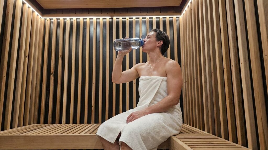 A woman relaxing inside an infrared sauna holding a water bottle.