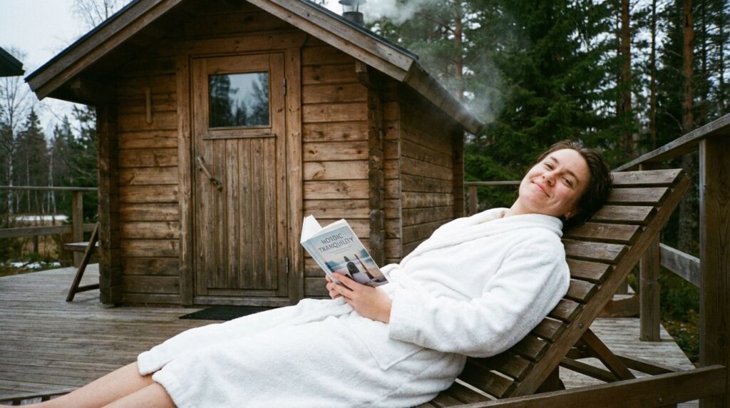 A person relaxing safely outside a sauna wearing a robe and reading a paperback book.