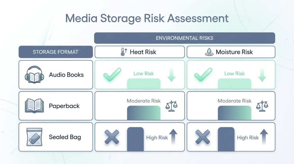 Matrix table comparing heat and moisture risks of Audio Books, Paperbacks, and Sealed Bags.
