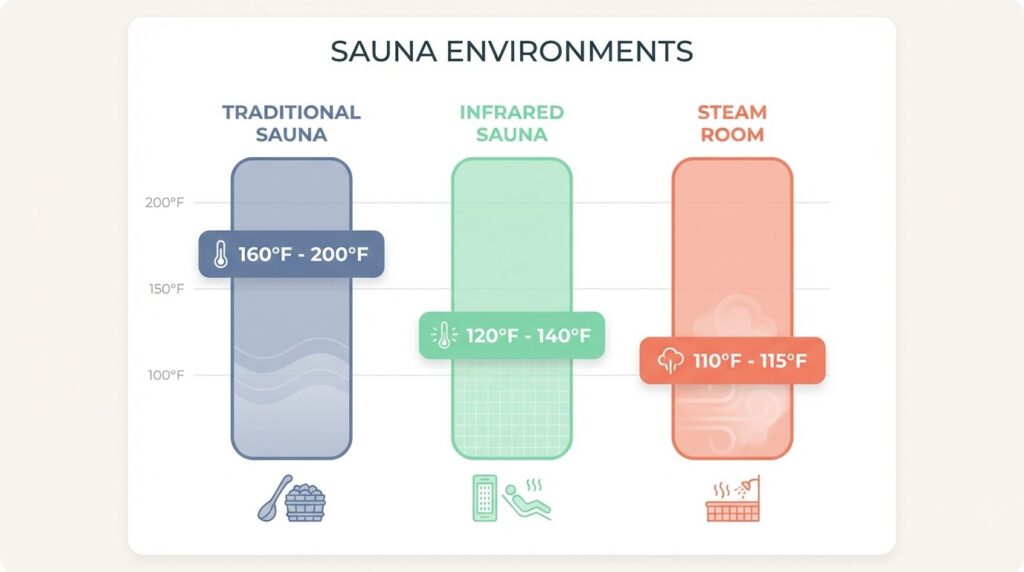 Chart comparing temperatures of Traditional Saunas, Infrared Saunas, and Steam Rooms.