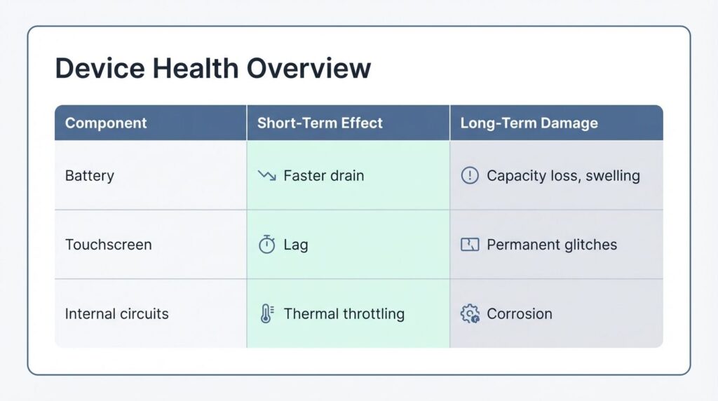 Chart showing short-term and long-term effects of sauna heat on phone components.