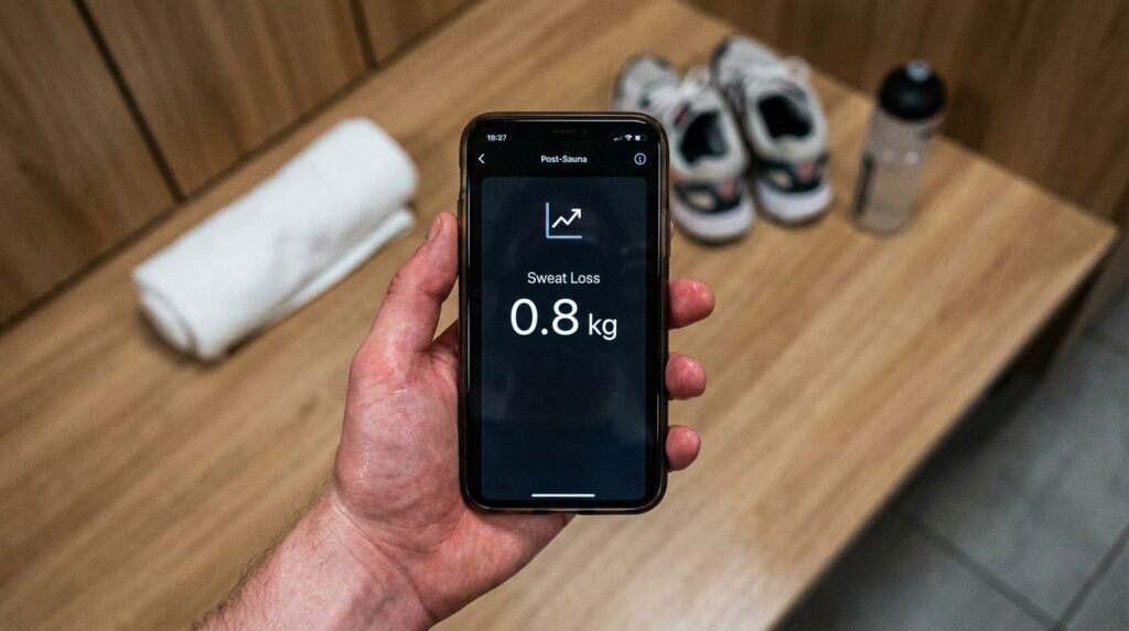 Sauna safety tools including a digital timer and smartwatch on a wooden bench.